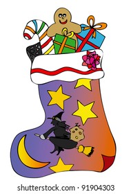 A stocking full of gifts brought by Epiphany
