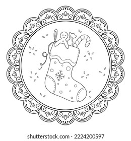 Stocking for gifts with sweet, candy  and cookie. Christmas decoration in mandala. Doodle ornament in Red. Hand draw vector illustration.