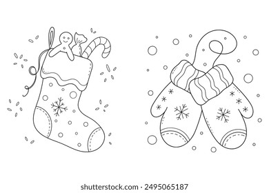 Comprar regalos con dulces, dulces, galletas y guantes de invierno con copos de nieve. Decoración navideña. Adorno de garabato. Ilustración vectorial de dibujo a mano.
