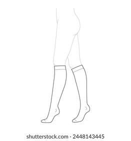 Stocking hosiery knee length hose. Fashion accessory clothing technical illustration. Vector side view for Men, women, unisex style flat template CAD mockup sketch outline isolated on white background