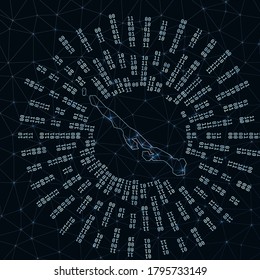 Stocking Island digital map. Binary rays radiating around a glowing island. Internet connections and data exchange design. Vector illustration.