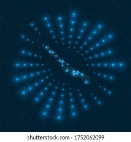 Stocking Island digital map. Glowing rays radiating from the island. Network connections and telecommunication design. Vector illustration.