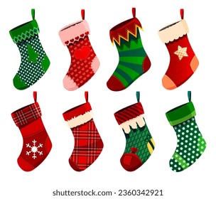 Stocking socks. Cartoon Christmas holiday socks for gifts. Vector Xmas stockings set, cute Santa Claus hanging boots with embroidered Christmas tree, present and candy, snowflake, star and heart