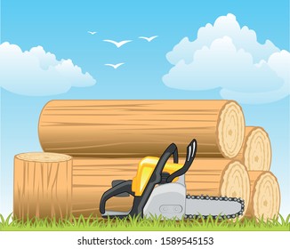Stocking up wood chainsaw on background of the nature