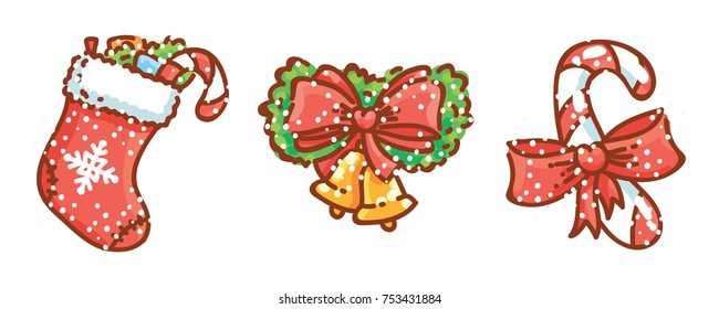 Stockings, Branch with bow and bell, Candy, Snow. Cute cartoon illustration elements for Christmas and New Year celebration. Vector hand drawn doodle style for for greeting card, poster, banner