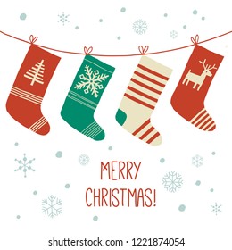 Stockings Christmas Background. Assortment Of Four Christmas Stockings. Christmas Card. Cartoon Vector Hand Drawn Eps 10 Illustration Isolated On White Background In A Flat Style