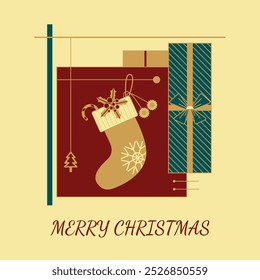 Stockings decorated with holly and red berries are filled with candy, Christmas gift vector illustration