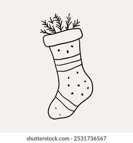 Medias, regalos, regalos, decoraciones de Navidad. Navidades dibujadas a mano caprichosos iconos de arte de línea 2. Clipart de Navidad, Ilustraciones vectoriales, dibujado a mano doodle iconos, dibujo de estilo peculiar