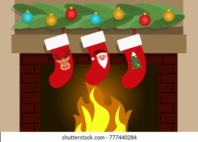 Stockings hanging on the fireplace. Concept christmas new year winter holidays the night on christmas eve