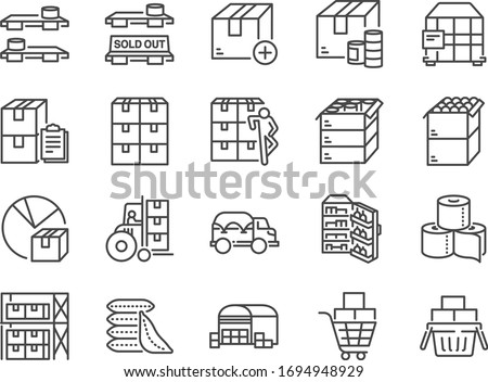 Stockpile line icon set. Included icons as boxes, container, inventory, supplies, stock up, food and more.