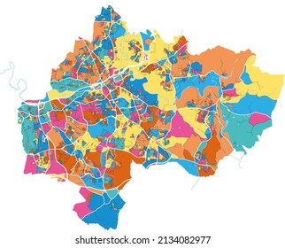 Stockport, North West England, England colorful high resolution vector art map with city boundaries. White outlines for main roads. Many details. Blue shapes for water. 