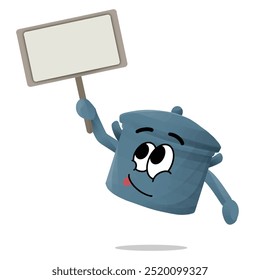 stockpot cartoon mascot character hold a blank sign board. happy face emoticon