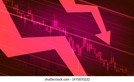 Stocks fall. Candle stick graph chart of stock market investment trading. Bullish point, down trend of graph. Futuristic red signal trend drop down arrow chart.
