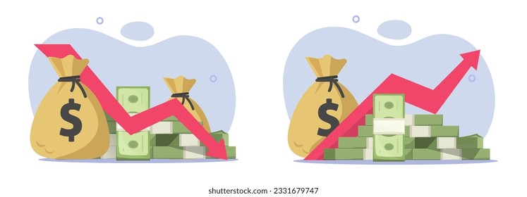 Stocks graph money finance market up down icon vector graphic, financial growth loss chart arrow illustration, currency inflation deflation image clipart flat design, sales trade increase decrease