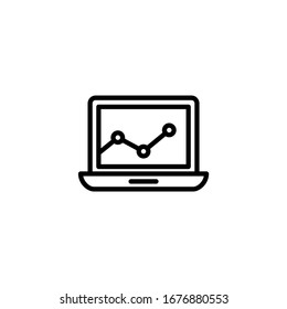 Stocks graphic on laptop monitor vector icon in linear, outline icon isolated on white background