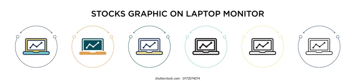 Stocks graphic on laptop monitor icon in filled, thin line, outline and stroke style. Vector illustration of two colored and black stocks graphic on laptop monitor vector icons designs can be used