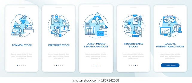 Stocks kinds onboarding mobile app page screen with concepts. Common, preferred, industrial type walkthrough 5 steps graphic instructions. UI, UX, GUI vector template with linear color illustrations