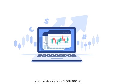 Stocks market graph chart on laptop screen. Technical analysis candlestick chart. Global stock exchanges index. Forex trading concept. Trading strategy. Vector illustration in flat style.