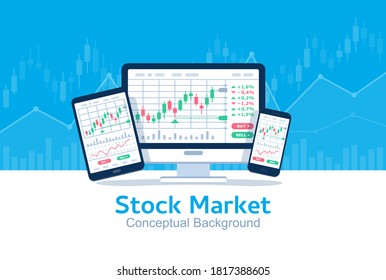 Gráfica de mercado de acciones en pantalla de computadora, tablet y teléfono. Análisis técnico gráfico de candelabros. Índice de bolsas de valores globales. Concepto de comercio de divisas. Estrategia comercial. Ilustración vectorial.