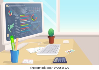 Gráfico del mercado de valores y gráfico en la pantalla del ordenador en la mesa en la oficina. Análisis técnico gráfico de candelabros. Índice de bolsas de valores globales. Concepto de comercio de divisas. Estrategia de comercio, índices financieros