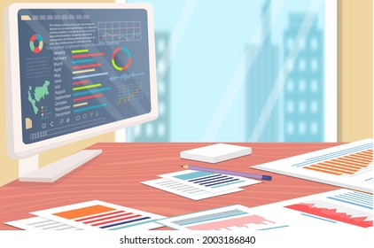 Stocks market graph and chart on computer screen on table in office. Technical analysis candlestick chart. Global stock exchanges index. Forex trading concept. Trading strategy, financial indices