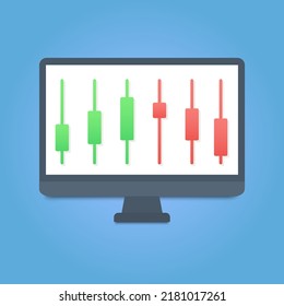 Stocks market graph chart on computer screen. Technical analysis candlestick chart. Global stock exchanges index. Forex trading concept. Trading strategy. Vector illustration in flat style