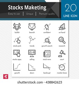 Stocks marketing element vector black icons set on white background. Premium quality outline symbol collection. Stroke vector logo concept, web graphics.