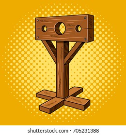 Stocks Medieval Instrument Of Torture Pop Art Style. Punishment Pillar. Hand Drawn Comic Book Imitation Vector Illustration