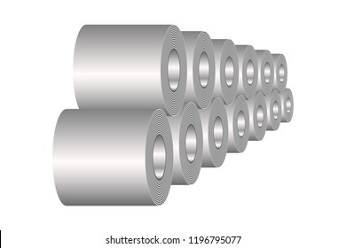 Stocks of rolled steel coil, steel, strap storage in factory warehouse, Metal iron sheet industrial. Isolated vector