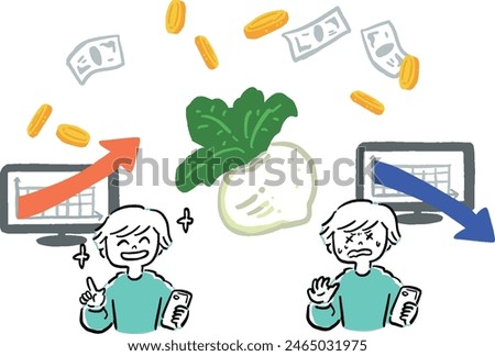  Stocks (Turnips) and Men Rising and Falling Hand Drawn Style Illustration Set