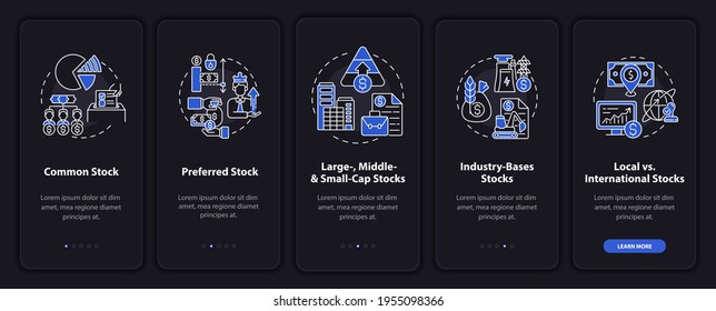 Stocks variety onboarding mobile app page screen with concepts. Common, middle-cap, industry walkthrough 5 steps graphic instructions. UI, UX, GUI vector template with linear night mode illustrations
