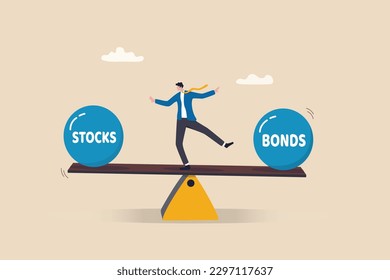 Stocks vs bonds in investment asset allocation, risk assessment portfolio or expected return in long term mutual funds, pension fund concept, businessman investor balance on stocks and bonds seesaw.