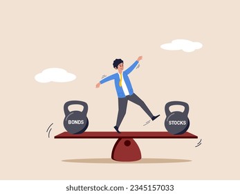 Stocks vs bonds in investment asset allocation. Risk assessment portfolio or expected return in long term mutual funds, pension fund concept, businessman investor balance on stocks and bonds seesaw.