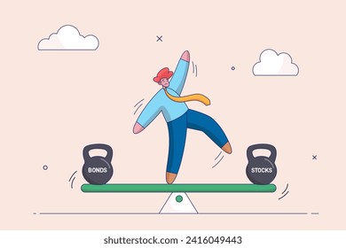 Stocks vs bonds in investment asset allocation. Risk assessment portfolio or expected return in long term mutual funds, pension fund concept, businessman investor balance on stocks and bonds seesaw.