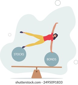 Stocks vs bonds in investment asset allocation, risk assessment portfolio or expected return in long term mutual funds, pension fund concept,flat design.illustration with people.