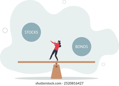 Stocks vs bonds in investment asset allocation, risk assessment portfolio or expected return in long term mutual funds,flat design with people.