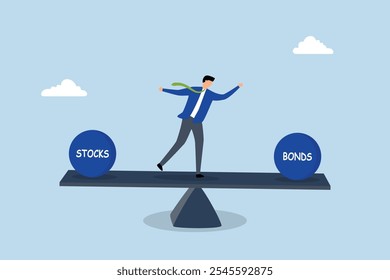 Stocks vs bonds in investment asset allocation, entrepreneur financier equilibrium in equities and debt instruments seesaw. 