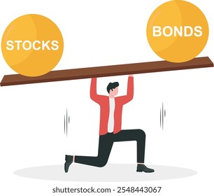 Stocks vs bonds in investment asset allocation, risk assessment portfolio or expected return in long term mutual funds, pension fund concept, businessman investor balance on stocks and bonds seesaw.

