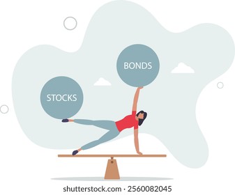 Stocks vs bonds in investment asset allocation, risk assessment portfolio or expected return in long term mutual funds,flat characters.