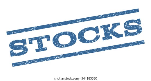 Stocks watermark stamp. Text tag between parallel lines with grunge design style. Rubber seal stamp with unclean texture. Vector cobalt blue color ink imprint on a white background.