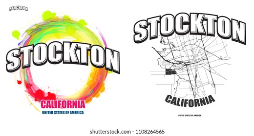 Stockton, California, logo design. Two in one vector arts. Big logo with vintage letters with nice colored background and one-color-version with map for every possible print production.