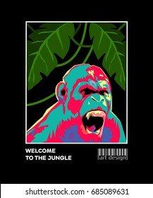 stock-vector-monkey-acid-color-with-bared-teeth-and-jungle-background-design-for-t-shirt