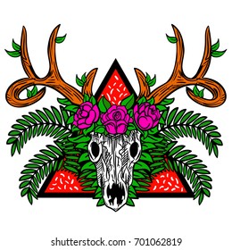 stock-vector-scull-deer-with-horns-and-leaves-roses-in-triangle-illustration-print-for-t-shirt