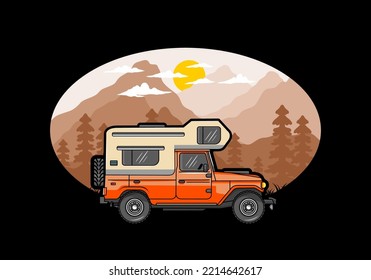 Stocky camper car illustration badge design