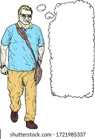 A stocky man walking around while smoking with a blank speech bubble above his head. Hand drawn vector illustration.