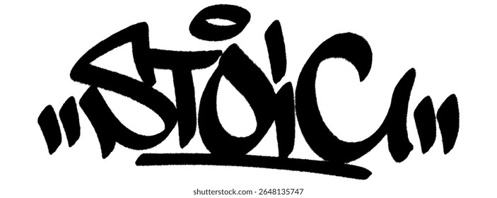 Stoic graffiti tag in black spray with drip texture. Transparent background. Minimalist, calm, and resilient. urban sigma tag with silent power.
