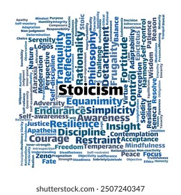 Stoicism Word Cloud. Composition of Words Related to Stoicism Key Terms. Concepts of Ancient Philosophy. Isolated White Background.