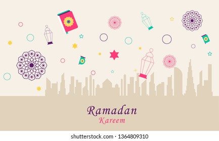 Stok vector ramadan kareem concept horizontal banner with element flat