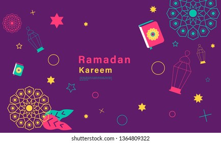 Stok vector ramadan kareem concept horizontal banner with element flat