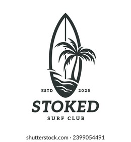 Stoked surf club logo template. Surfboard and palm tree beach emblem. Summer surfing vacation symbol. Vector illustration.